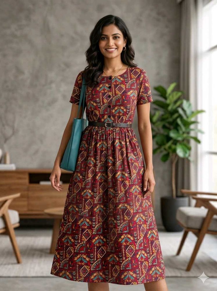 Boho Print Midi Dress with Belt