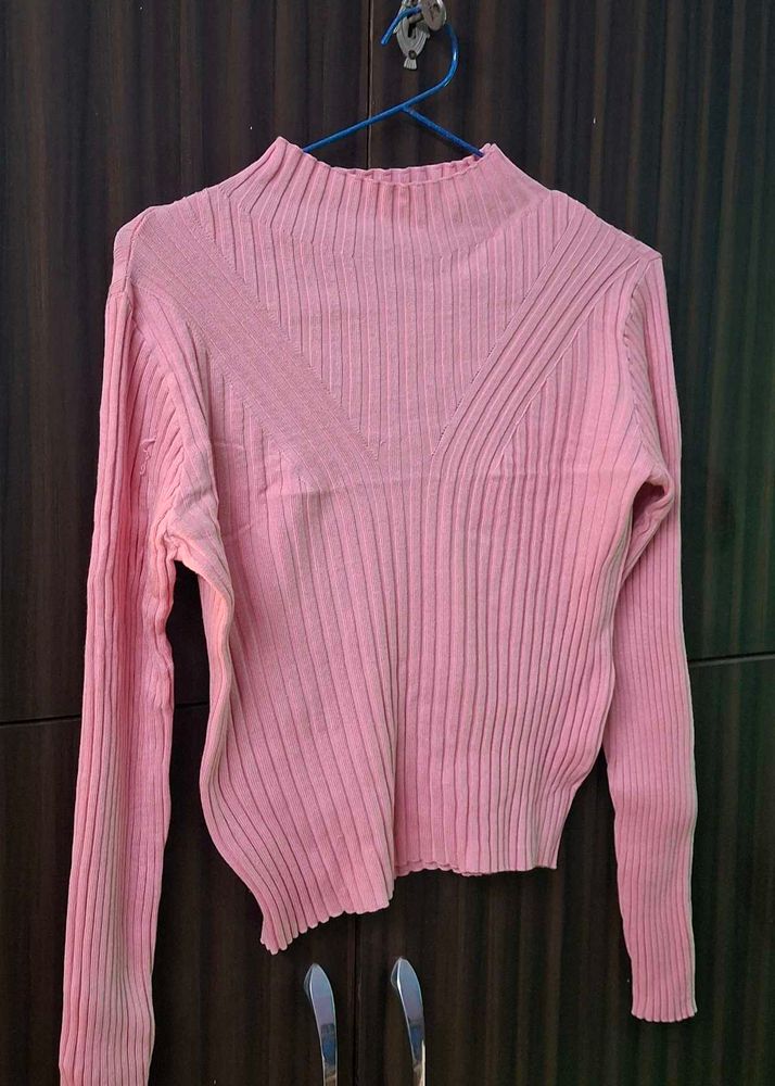 Chic Pink Ribbed Knit Mock Neck Top
