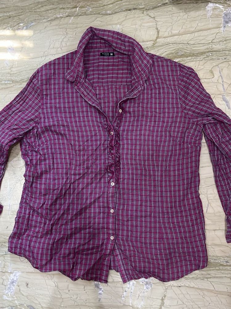 Women's Plaid Button-Up Ruffle Shirt