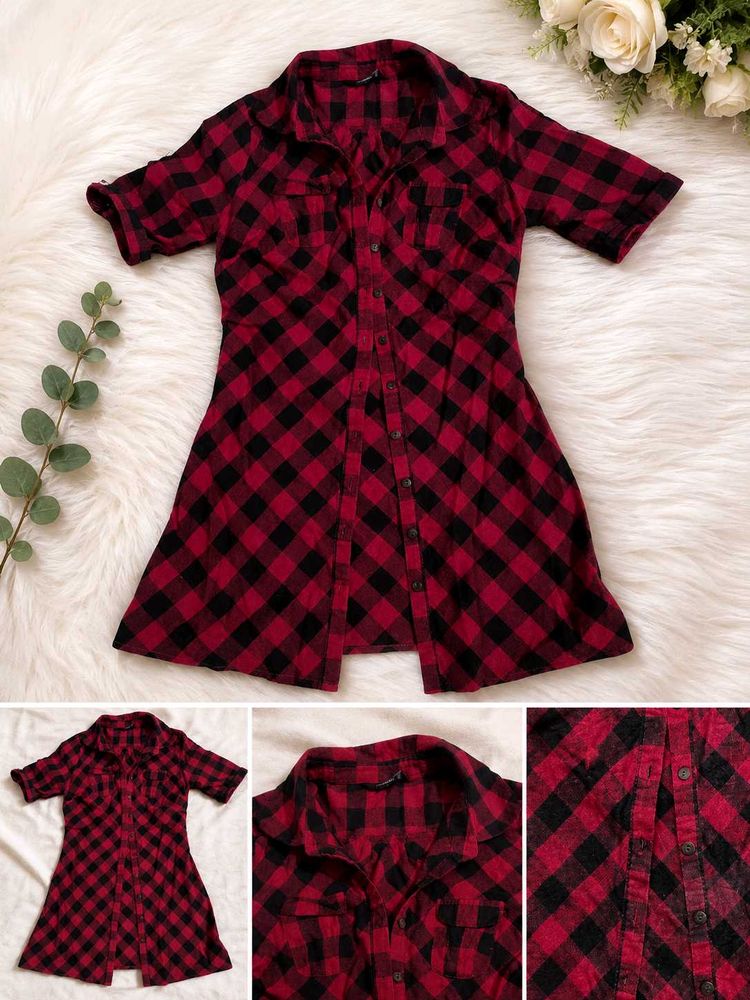Red Plaid Button-Up Dress