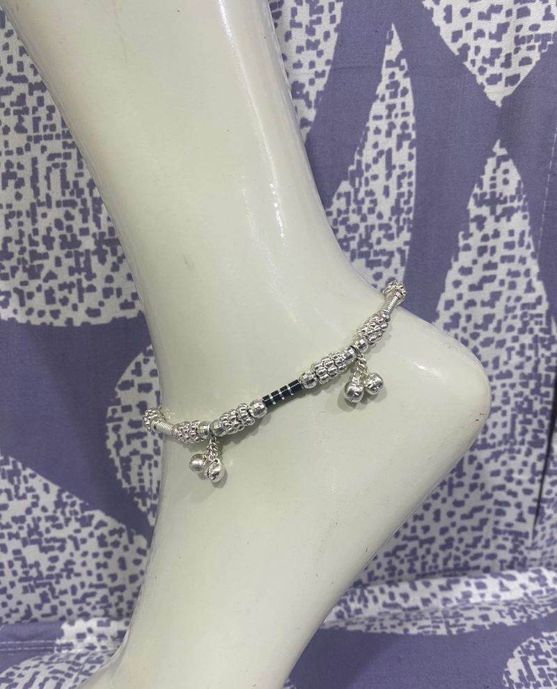 Silver Anklet with Black Beads and Charms