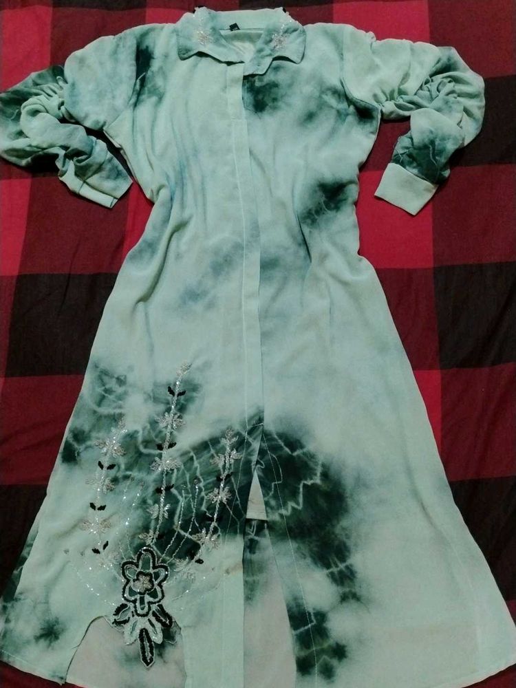 Green Tie-Dye Embroidered Dress👗