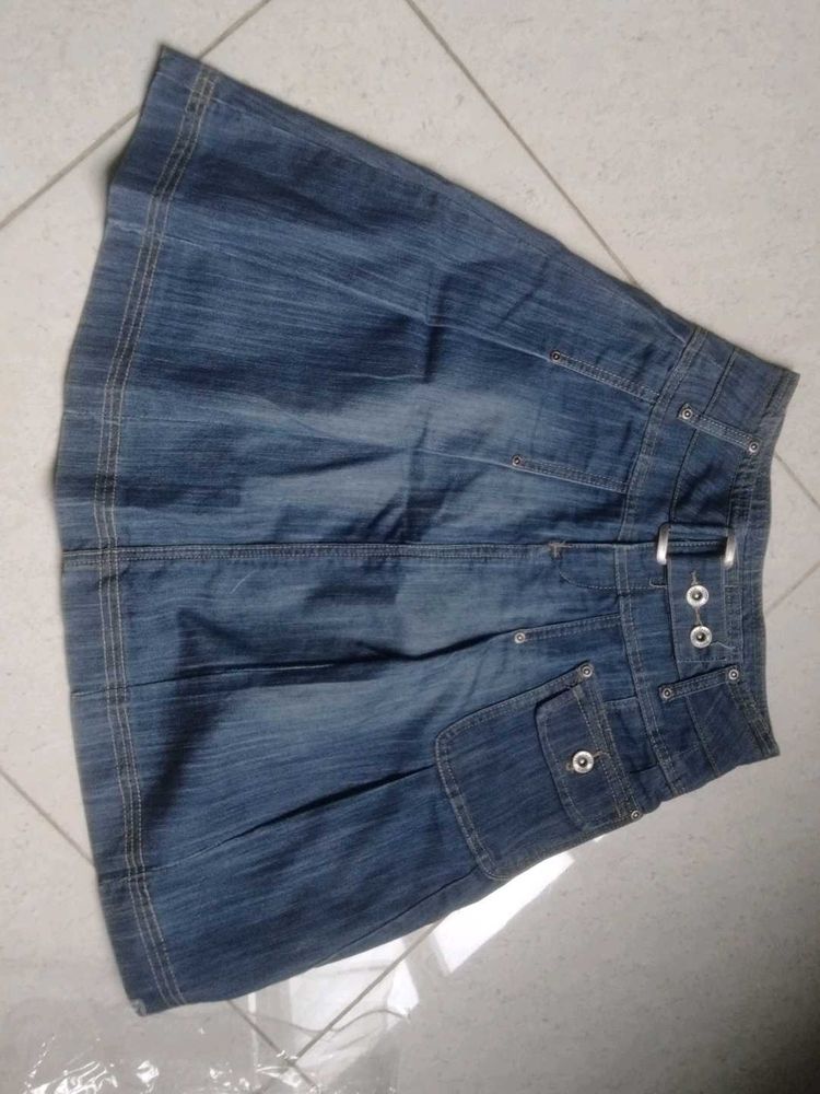 Blue Denim A-Line Skirt with Belt
