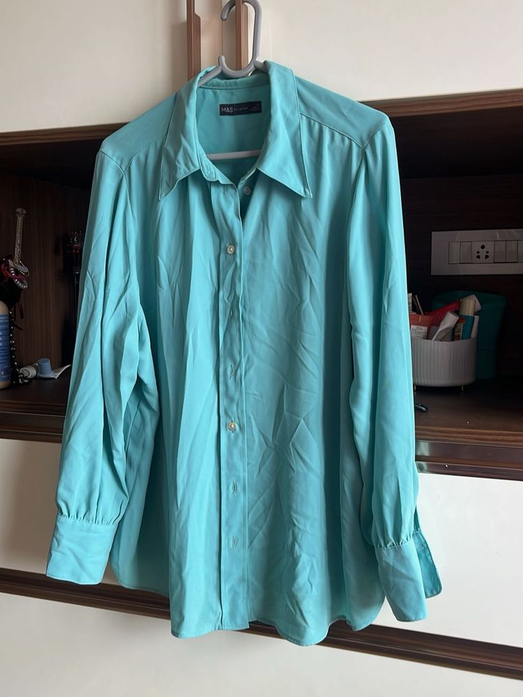 Aqua Blue Button-Up Blouse
