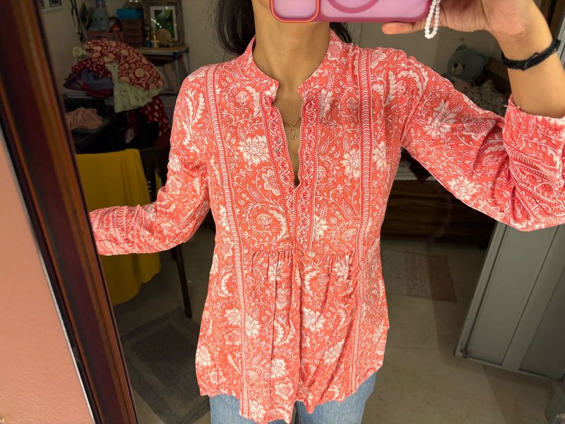 Coral &amp; White Printed Kurta