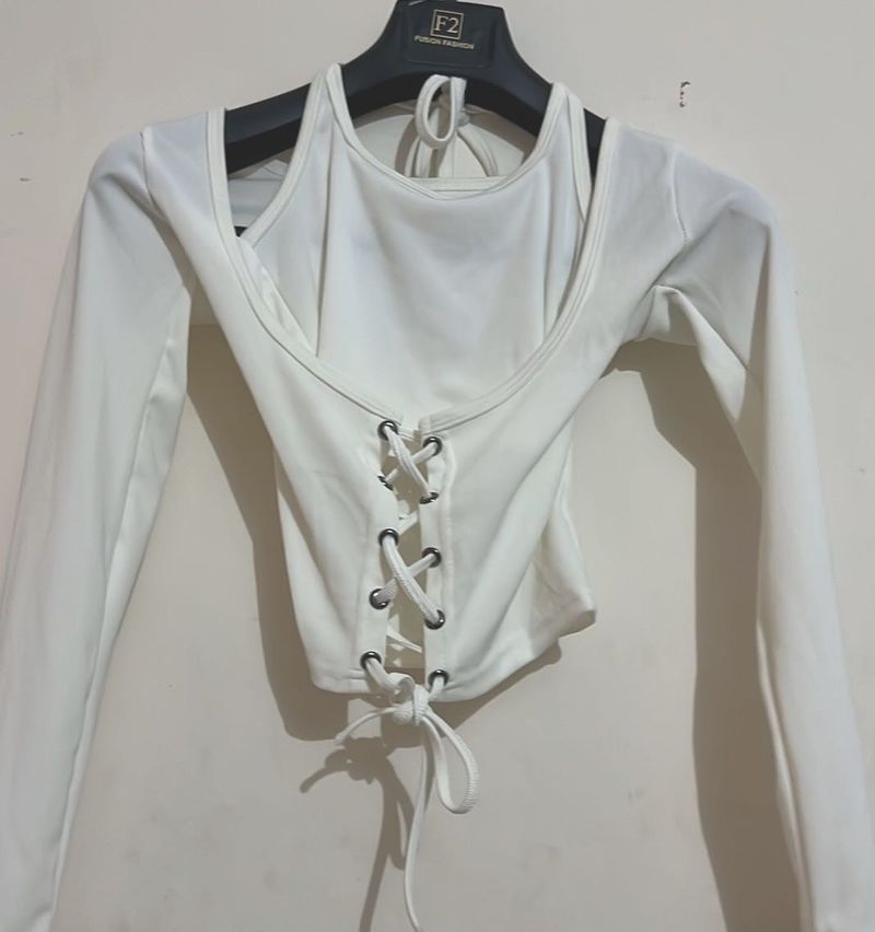 White Lace-Up Cropped Top