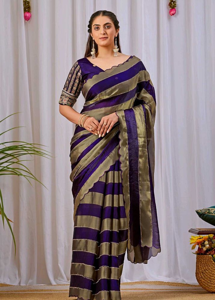 Elegant Purple &amp; Gold Striped Saree