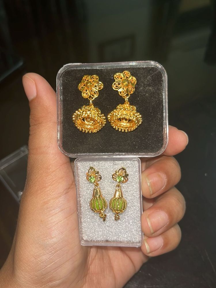 Elegant Gold Jhumka &amp; Green Stone Earrings