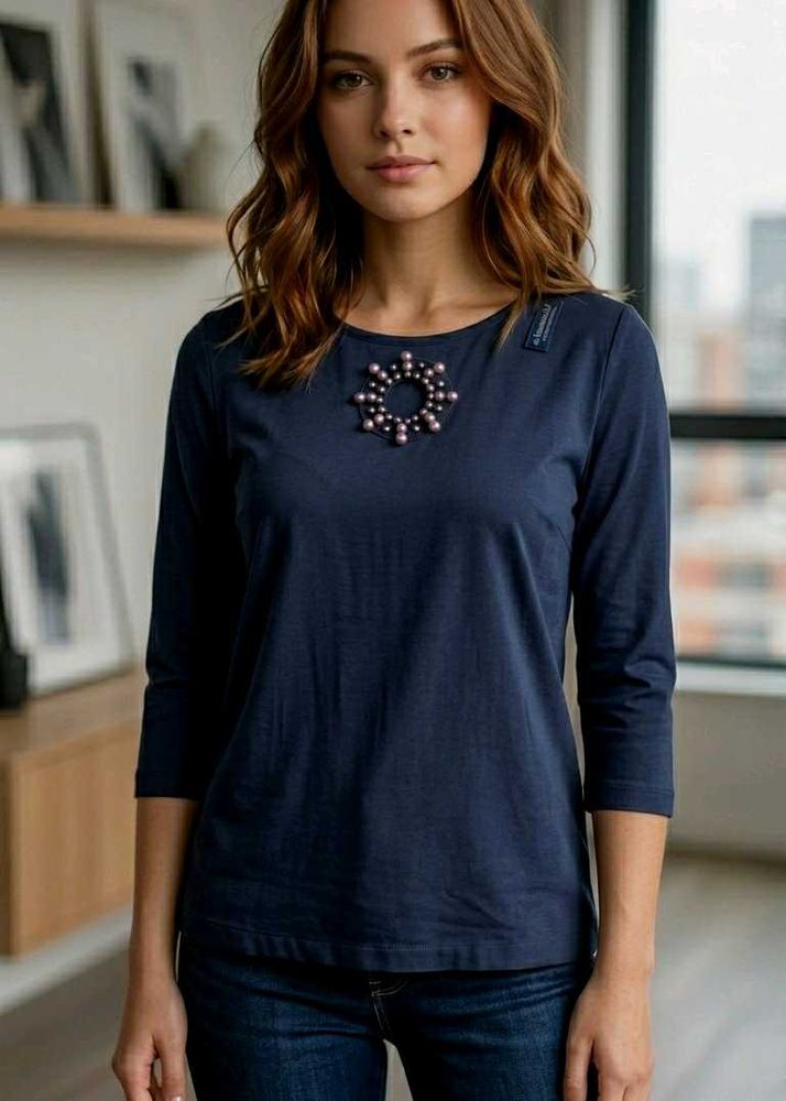 Elegant Navy Dress with Pearl Detail