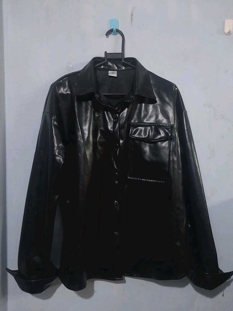 Black Faux Leather Button-Up Jacket –