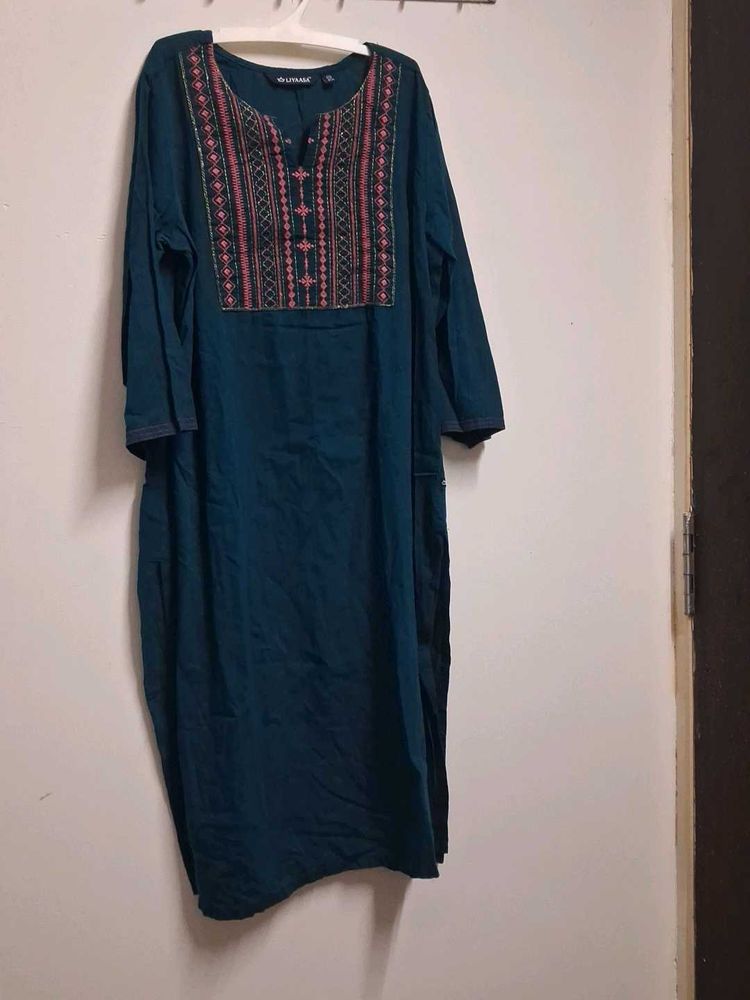 Teal Kurta with Embroidered Neckline