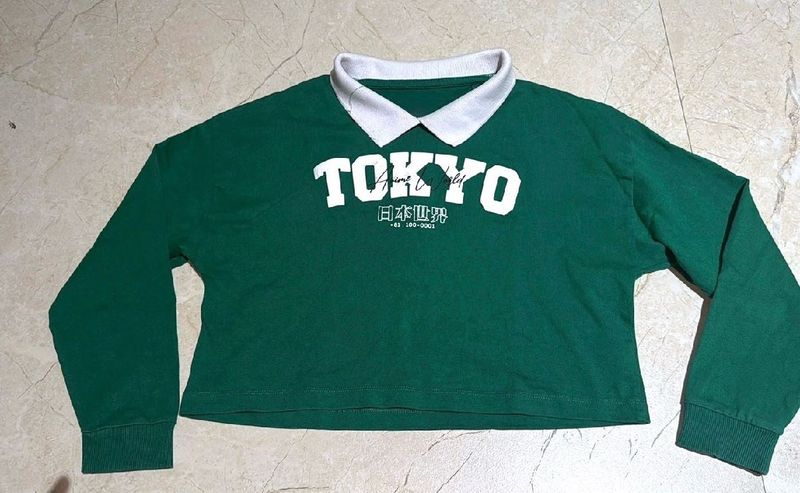 Y2k Green "Tokyo" Collared Crop Top