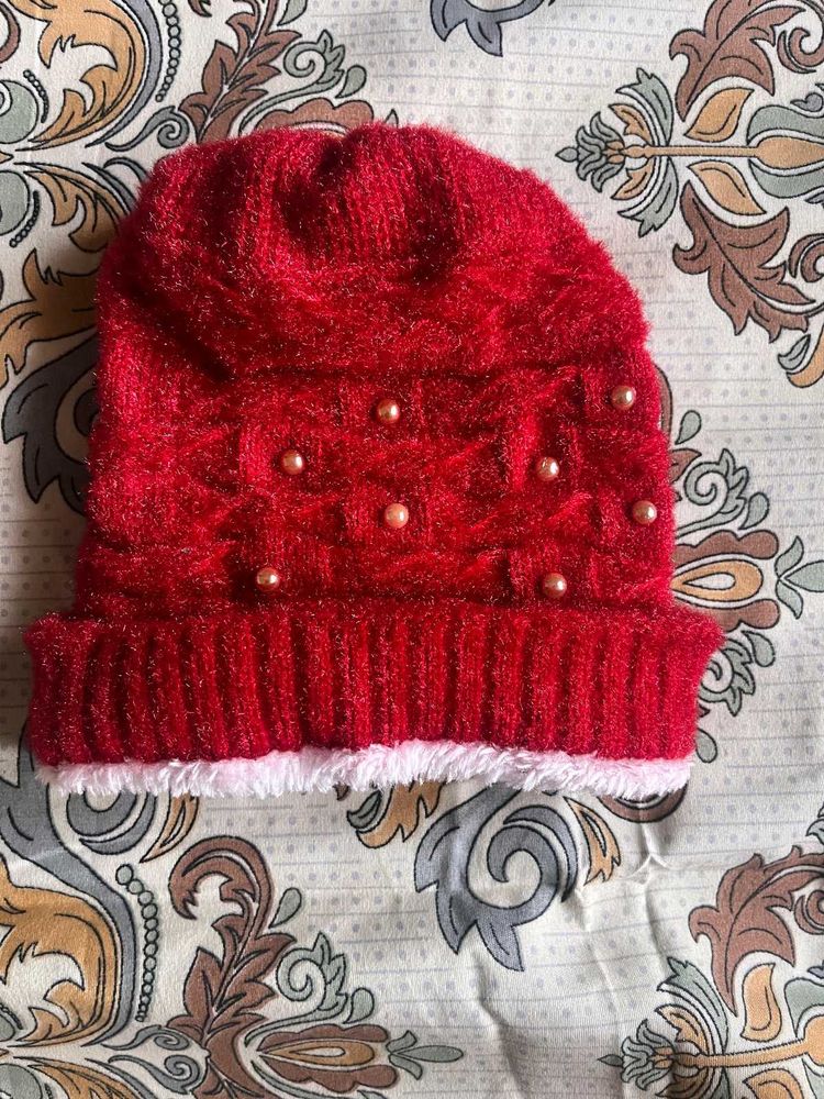 Red Beanie Hat with Pearls