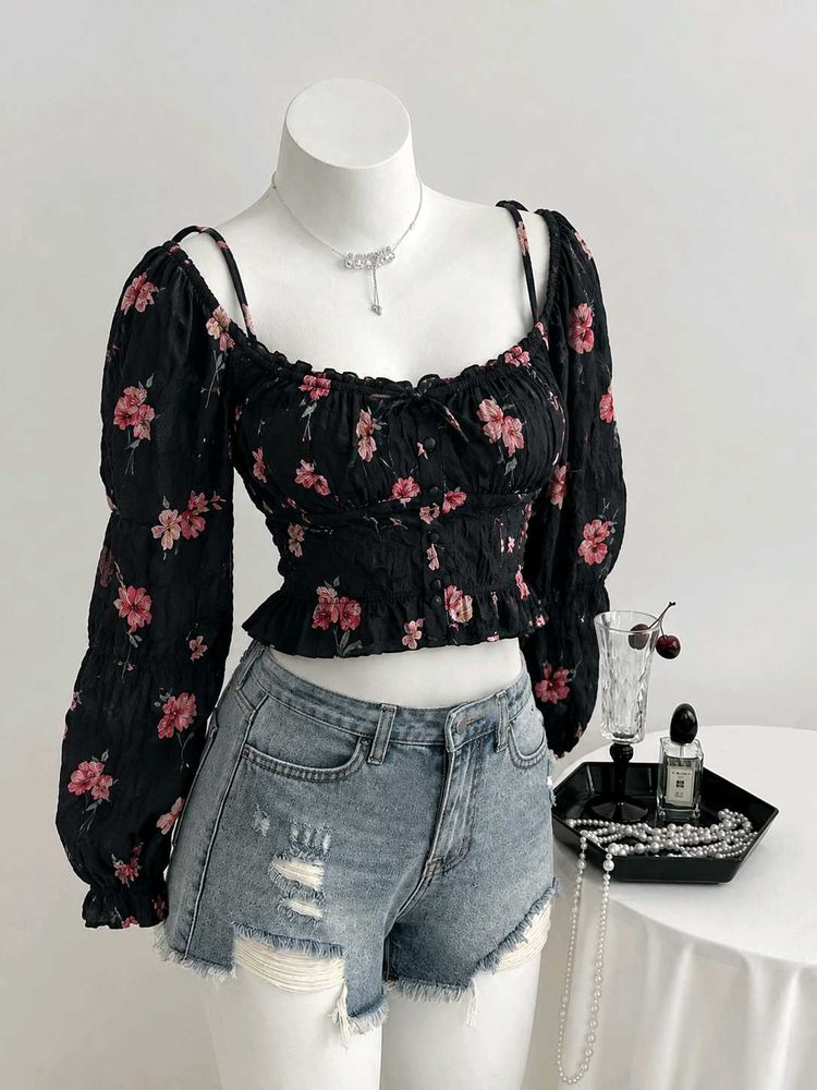 Floral Print Smocked Crop Top