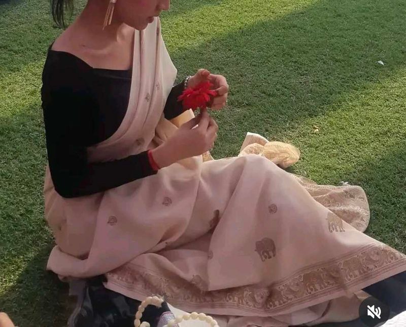 Elegant Nude Saree with Deer and Peacock Print