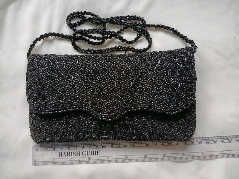 Black Beaded Evening Clutch Bag with strap