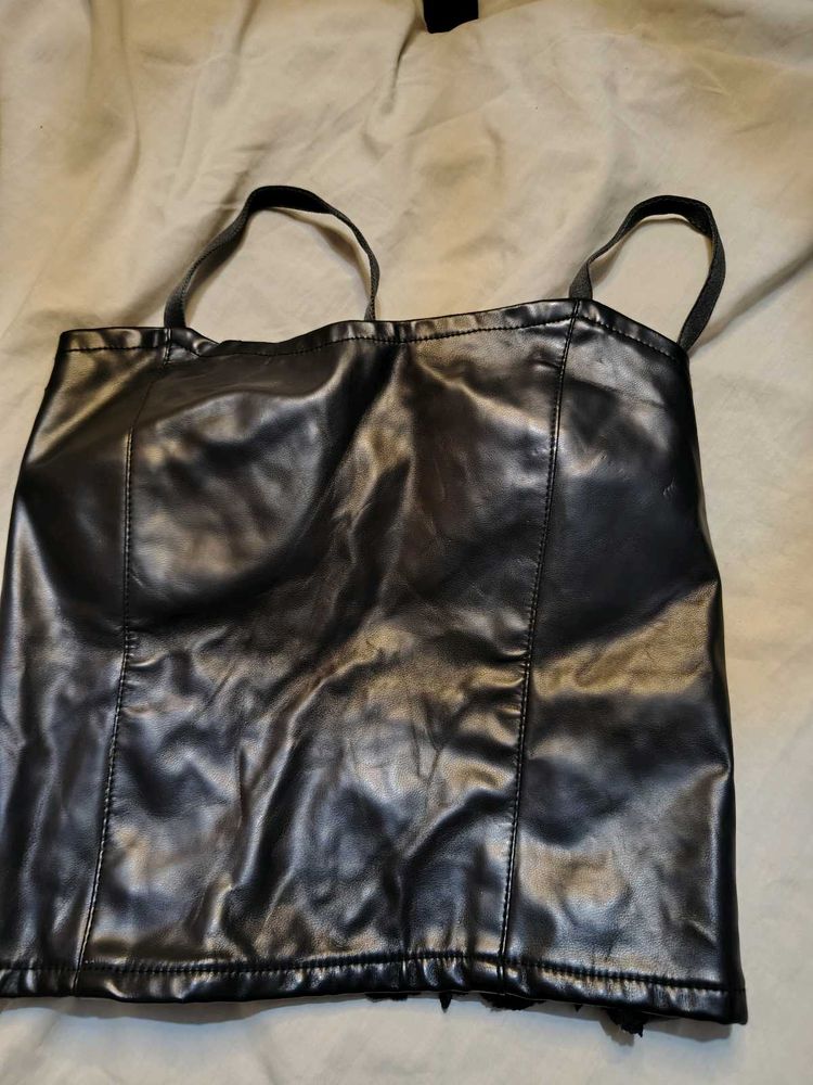 Black Faux Leather &amp; Lace Crop Top