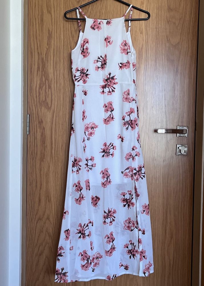 White Floral Print Midi Dress