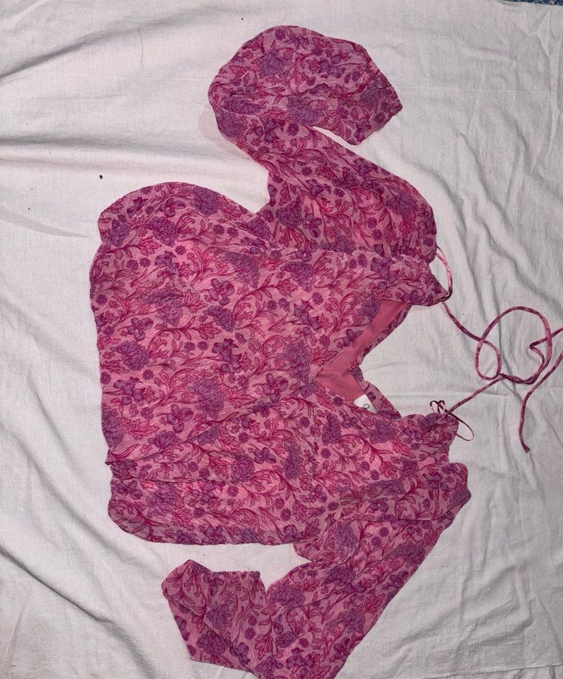 Pink Floral Tie-Up Top | Full Sleeves