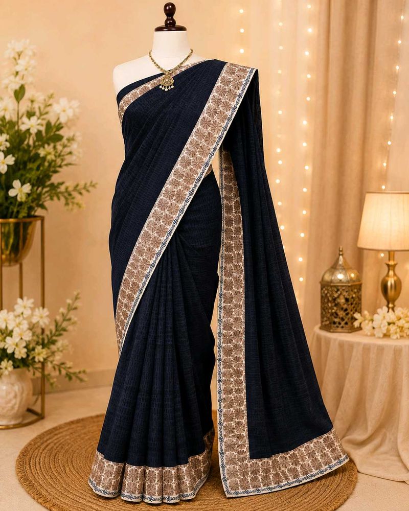 Elegant Navy Blue Saree with Intricate Border