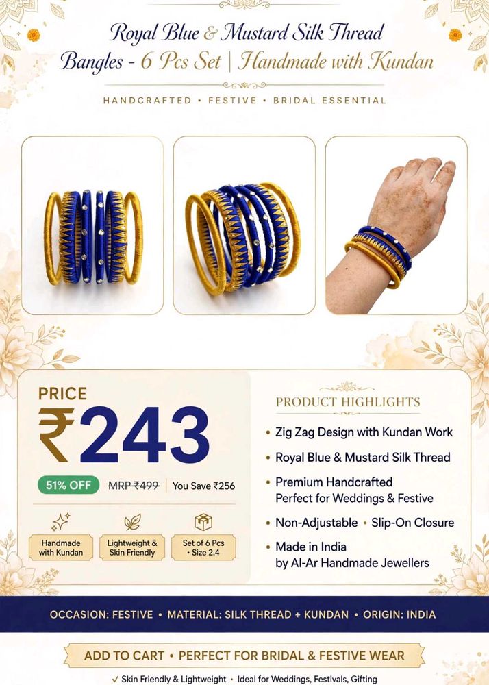 Royal Blue &amp; Mustard Silk Thread Bangles