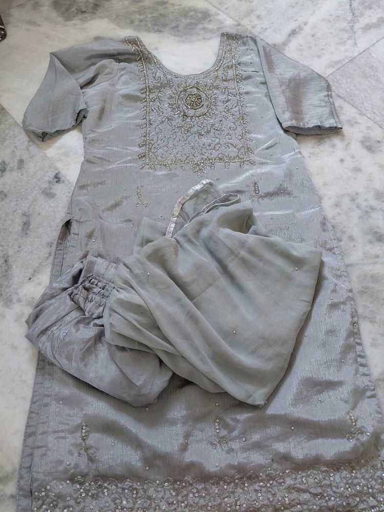 Elegant Grey Embroidered Kurta Set