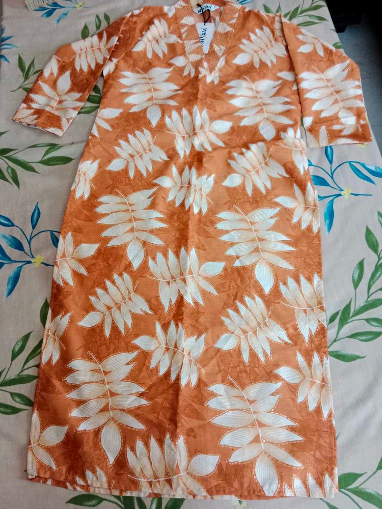 Orange Leaf Print Kurta