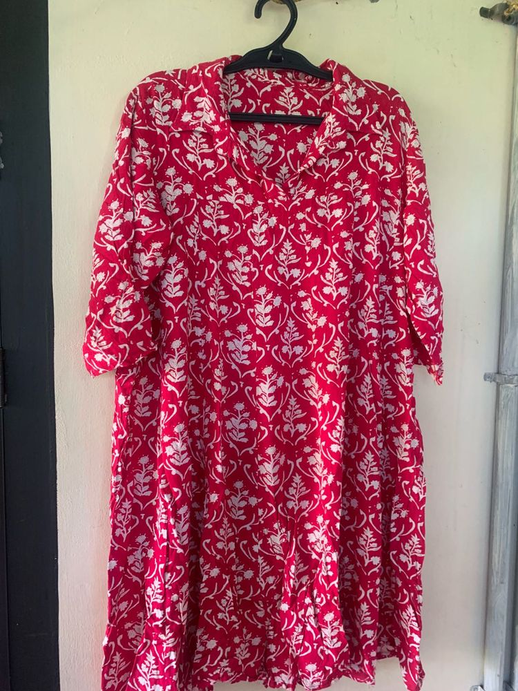 Red Block Print Cotton Kurta
