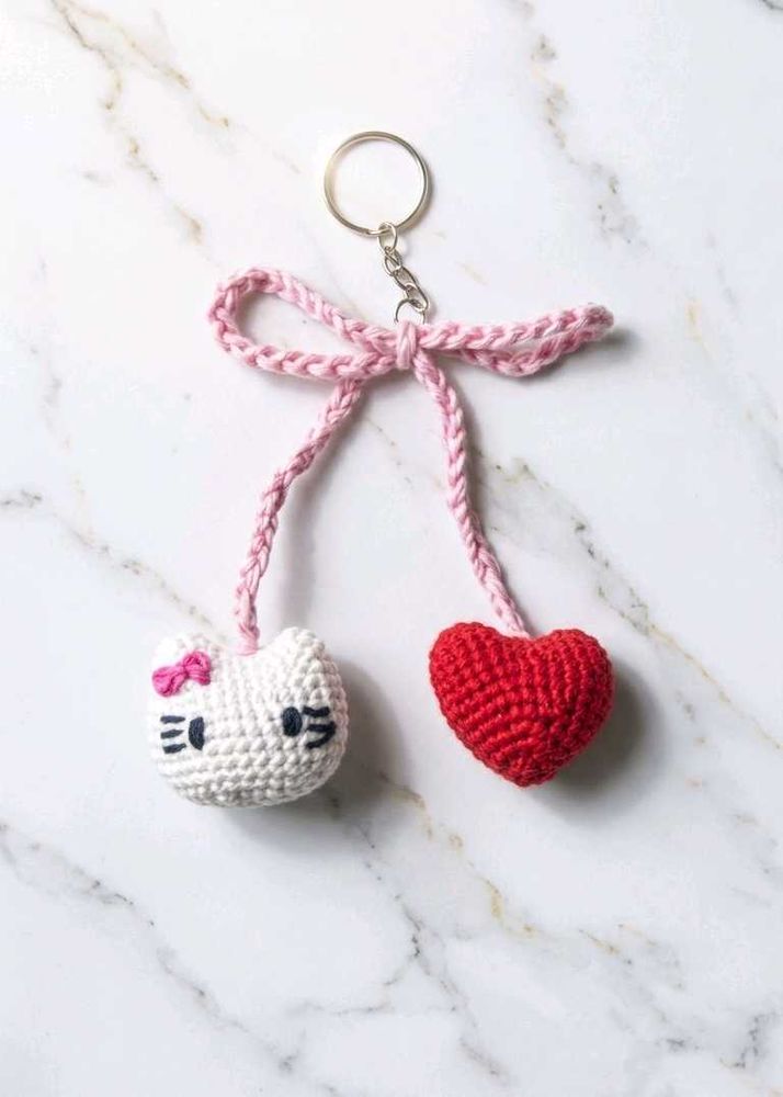 Crocheted Hello Kitty &amp; Heart Keychain