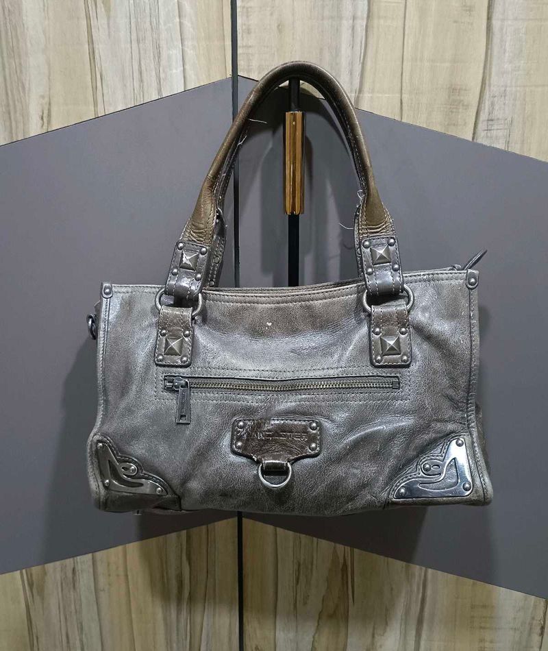 Chic Grey Studded Leather Handbag