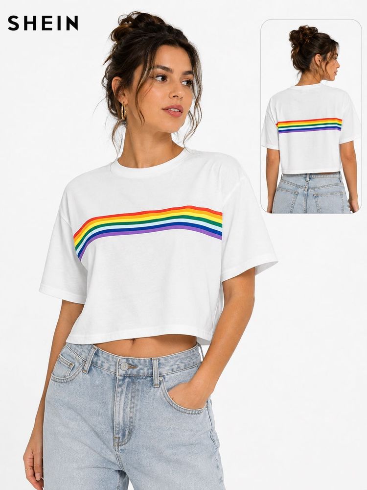 Rainbow Stripe Cropped T-Shirt