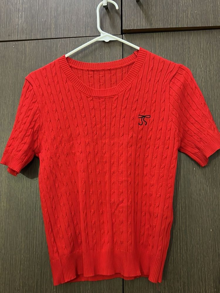 Red Cable Knit Short Sleeve Top