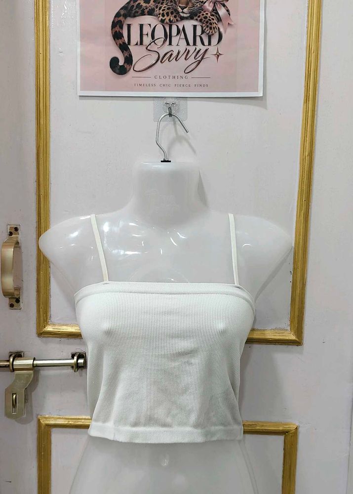 Ribbed White Spaghetti Strap Crop Top