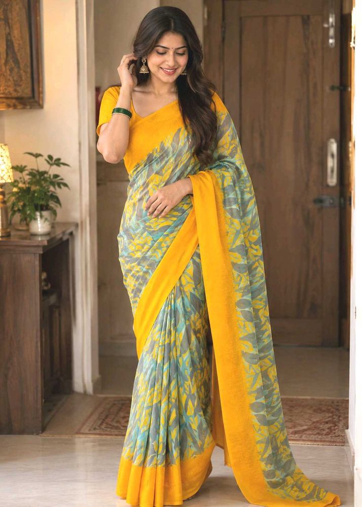Vibrant Yellow &amp; Grey Saree