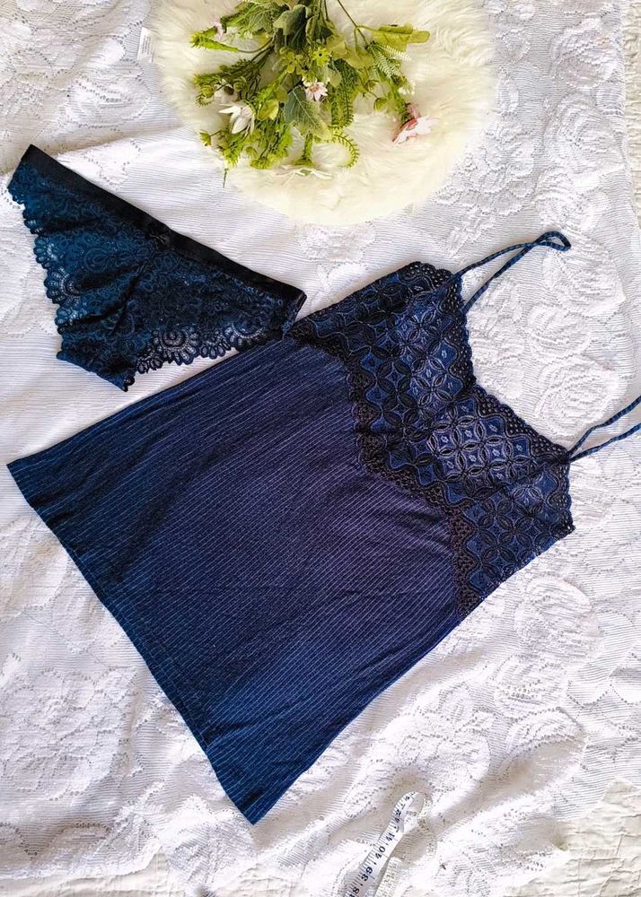 Elegant Navy Lace Chemise &amp; Panty Set