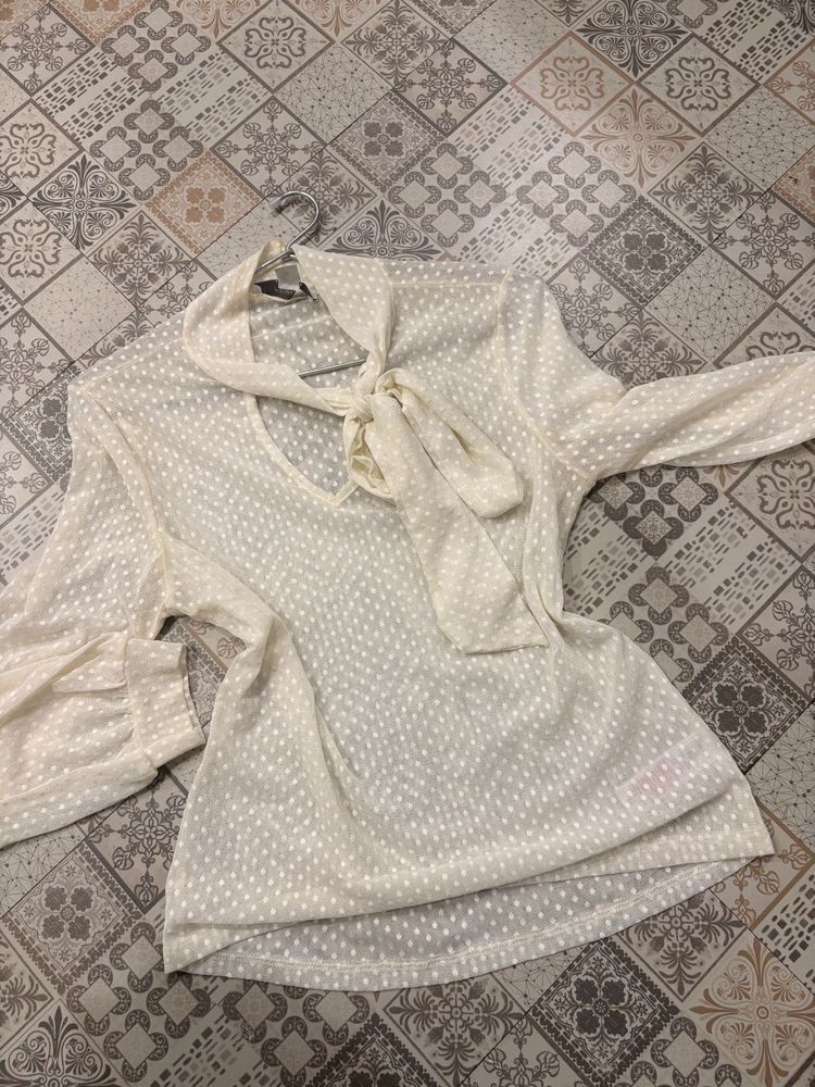 Elegant White Polka Dot Tie Neck Blouse
