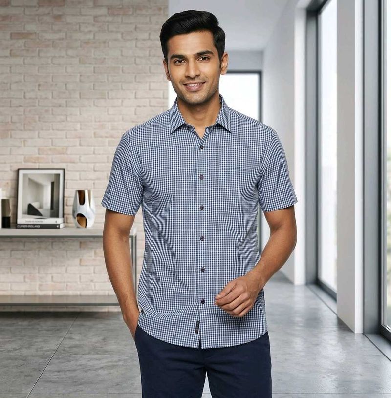 Peter England Men's Checked Half Sleeve Shirt - Nu
