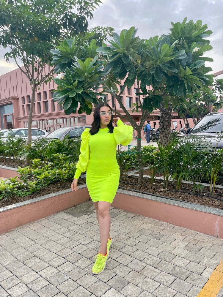 Neon Puff Sleeve Bodycon Dress