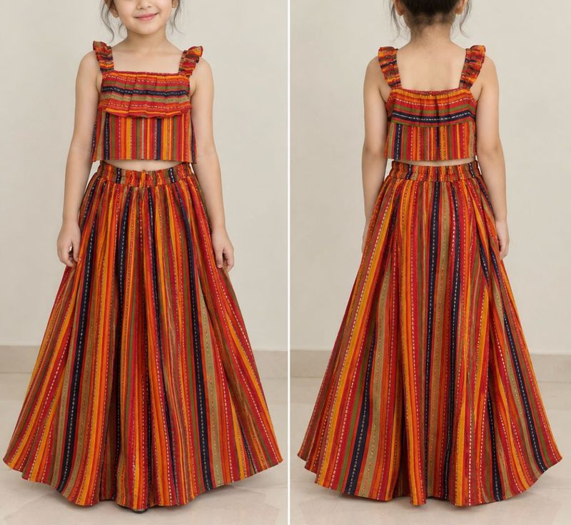 Girls Striped Crop Top &amp; Skirt Set