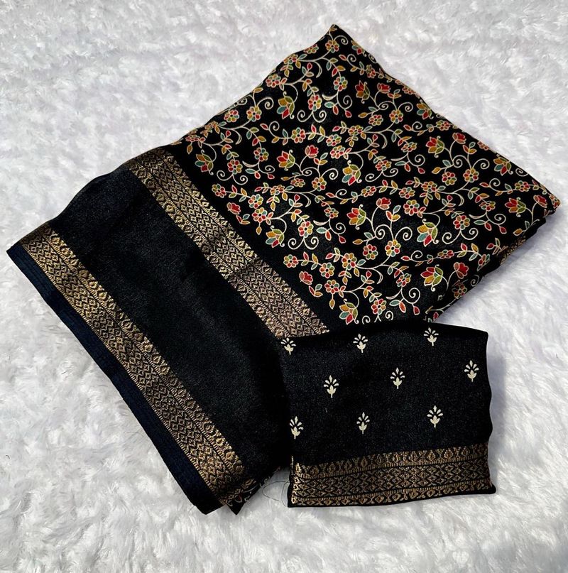 Black Floral Saree with Unstitched Blouse