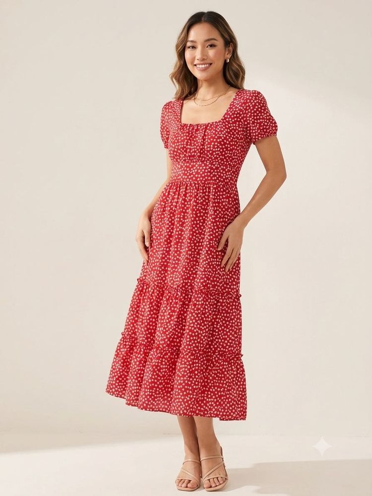 Red Floral Midi Dress with Ruffles