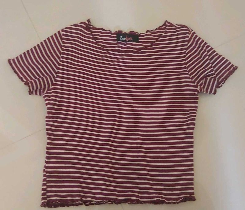 Maroon &amp; White Striped Cropped Top