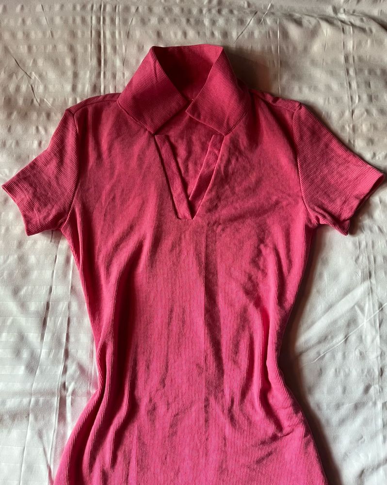 Hot Pink Ribbed V-Neck Dress