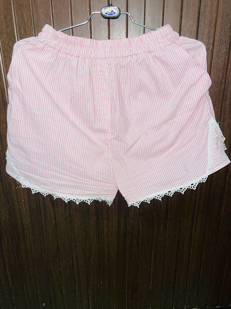 Pink Striped Sleep Shorts with Lace Trim
