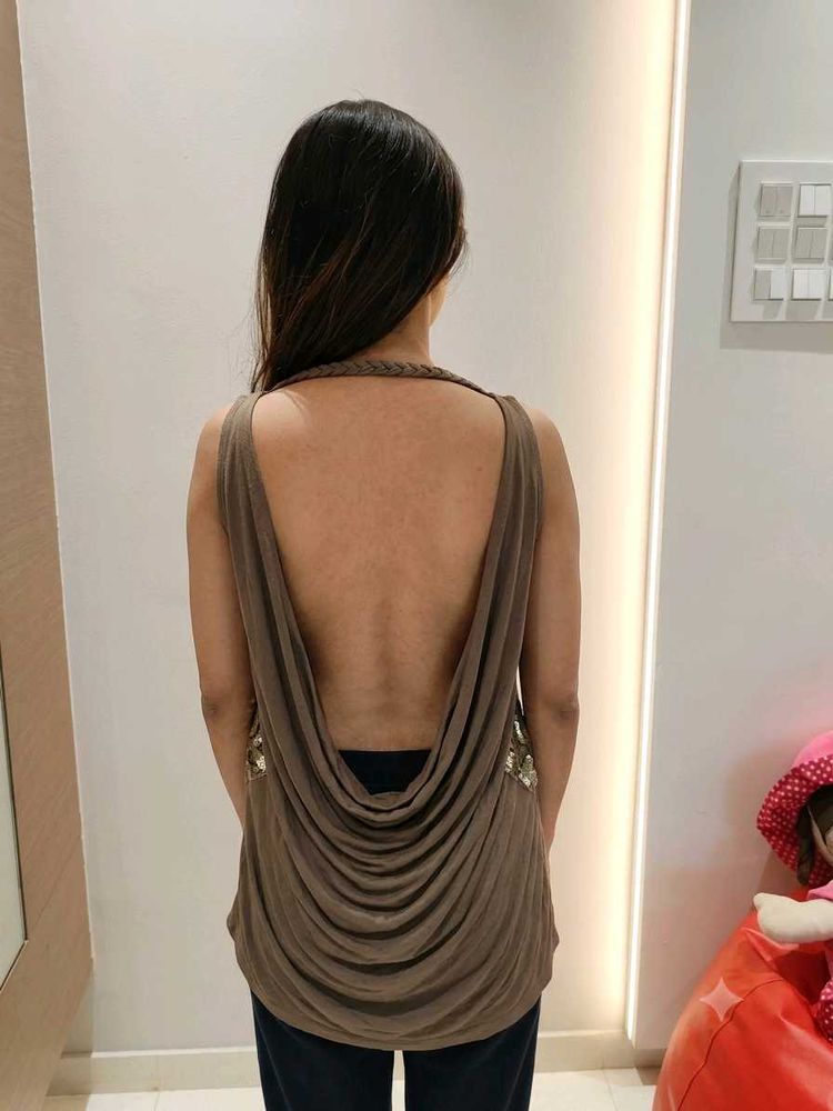 Chic Brown Draped Backless Top