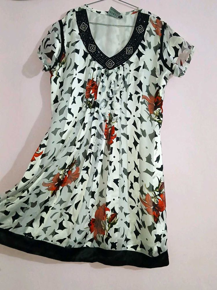 Elegant Floral Printed Tunic Dress with Beaded