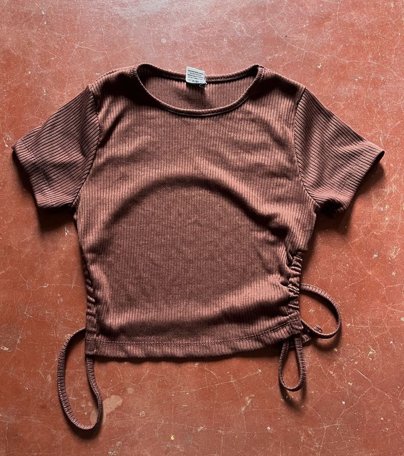 Brown Ribbed Ruched Crop Top