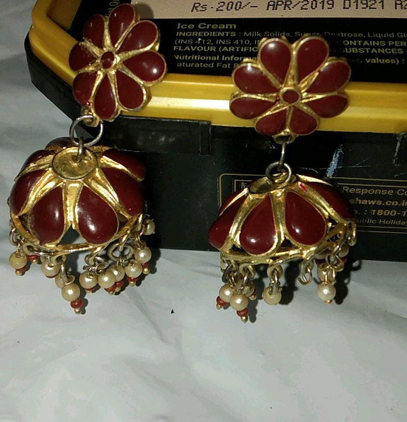 Vintage 80's Fashion Maroon  Matte Finish Jhumka