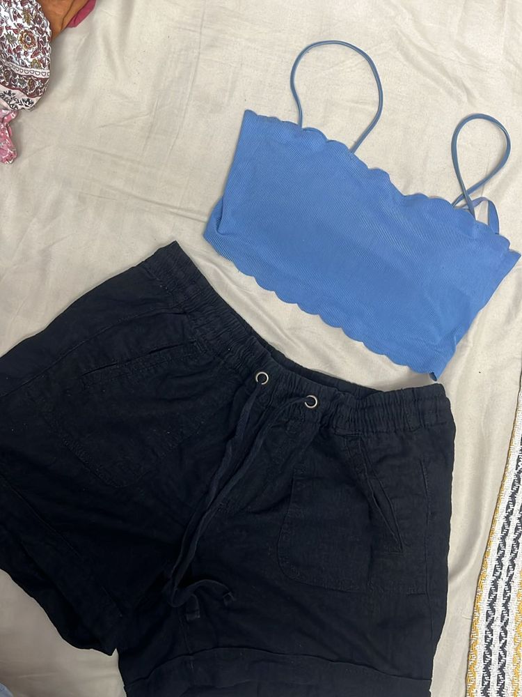 Blue Crop Top &amp; Black Shorts Set