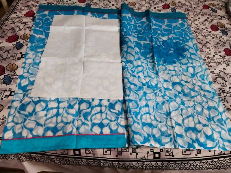 Pure Cotton Supernet White and Blue Saree🩵🤍